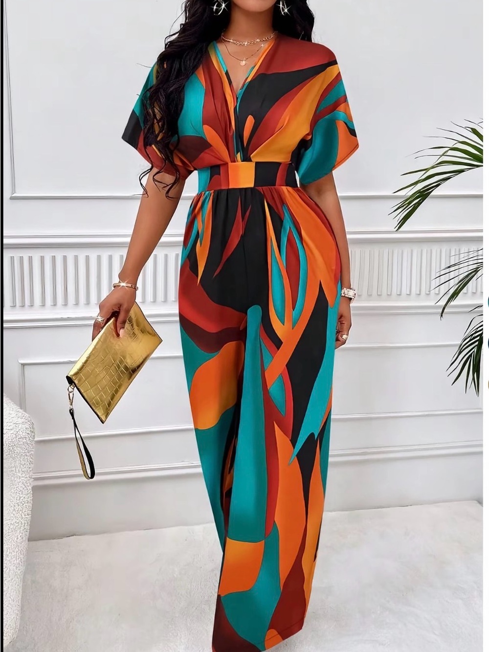 Abstract Print Wide-Leg Jumpsuit in Teal & Orange